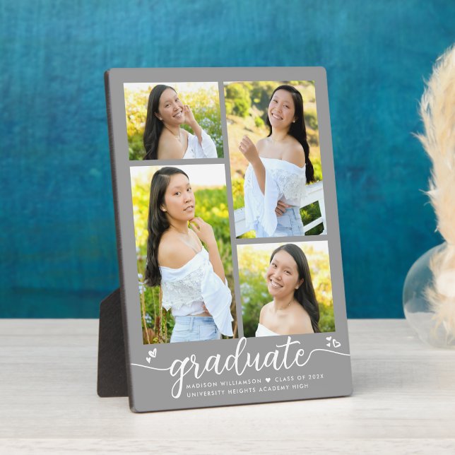 Grey 4 Photo Graduation Modern Calligraphy Hearts Plaque (Creator Uploaded)