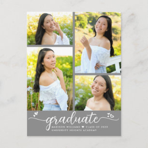 Grey 4 Photo Graduation Modern Girly Script Hearts Invitation Postcard
