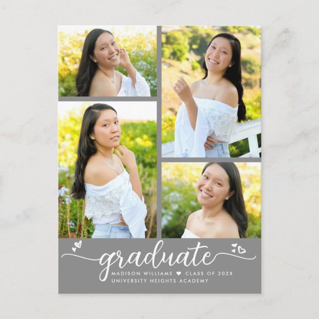 Grey 4 Photo Graduation Modern Girly Script Hearts Invitation Postcard (Front)