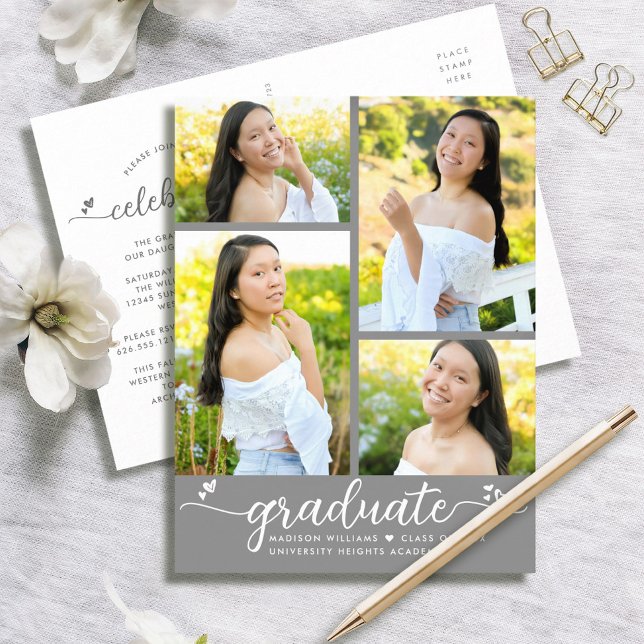 Grey 4 Photo Graduation Modern Girly Script Hearts Invitation Postcard (Creator Uploaded)