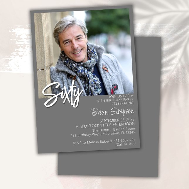 Grey 60th Birthday Photo  Invitation (Creator Uploaded)