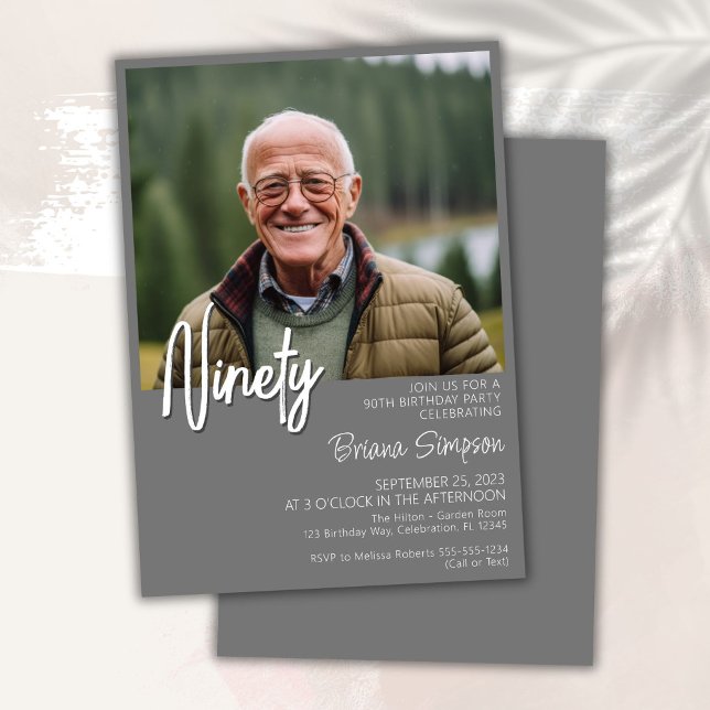 Grey 90th Birthday Photo Invitation (Creator Uploaded)