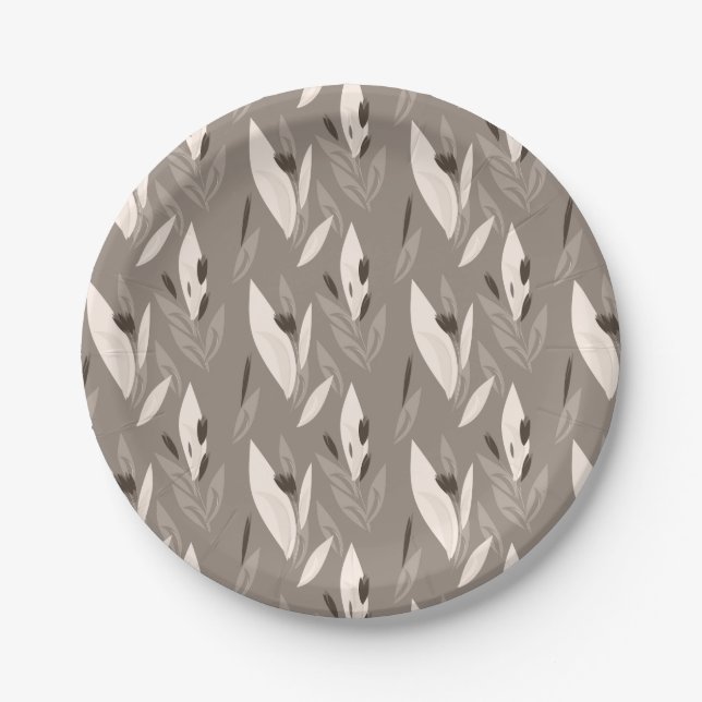Grey abstract red retro flower pattern paper plate (Front)