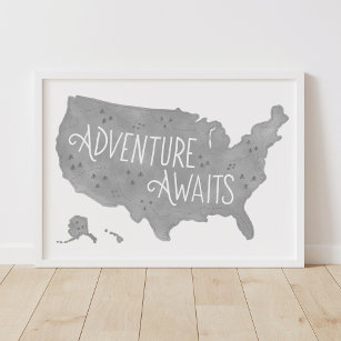 Grey Adventure Awaits US Map Kids Room Decor