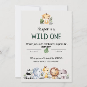 Grey Aesthetic Zoo Animals Birthday Party Invitation