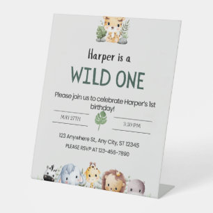 Grey Aesthetic Zoo Animals Birthday Party  Pedestal Sign