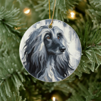 Grey Afghan Hound Portrait Ceramic Tree Decoration