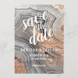 Grey agate geode crystal save the date rose gold
