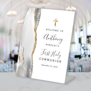 Grey Agate Gold First Holy Communion Welcome Pedestal Sign