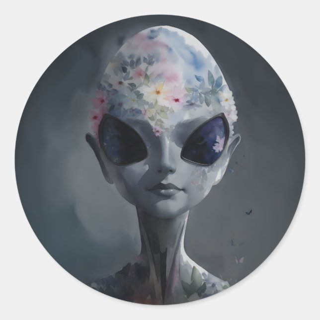 Grey Alien Floral Watercolor Art Classic Round Sticker (Front)