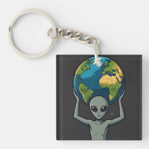 Grey Alien Lifting the Earth 🌍👽 Key Ring
