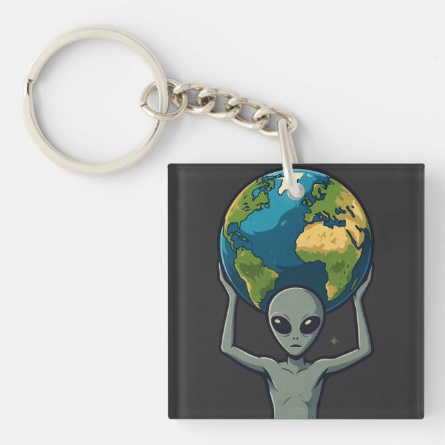 Grey Alien Lifting the Earth 🌍👽 Key Ring (Front)
