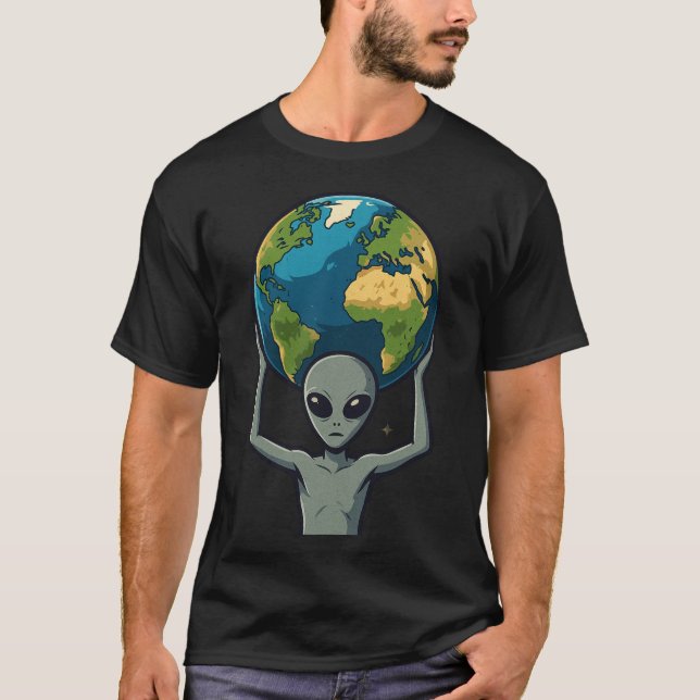 Grey Alien Lifting the Earth 🌍👽 T-Shirt (Front)