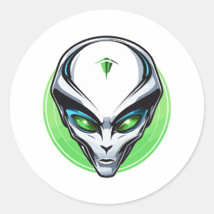 Grey Alien Portrait Head Green Background UFO Classic Round Sticker