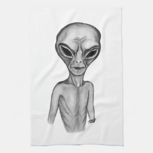 Grey Alien Tea Towel