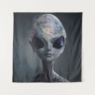 Grey Alien Watercolor Floral Portrait Tapestry