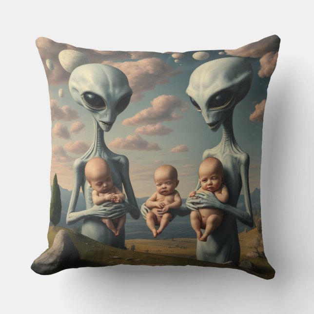 Grey Aliens Cradling Human Babies Cushion (Front)