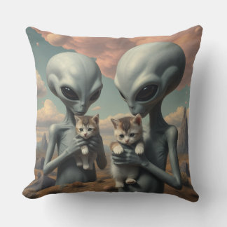 Grey Aliens Holding Kittens Cushion