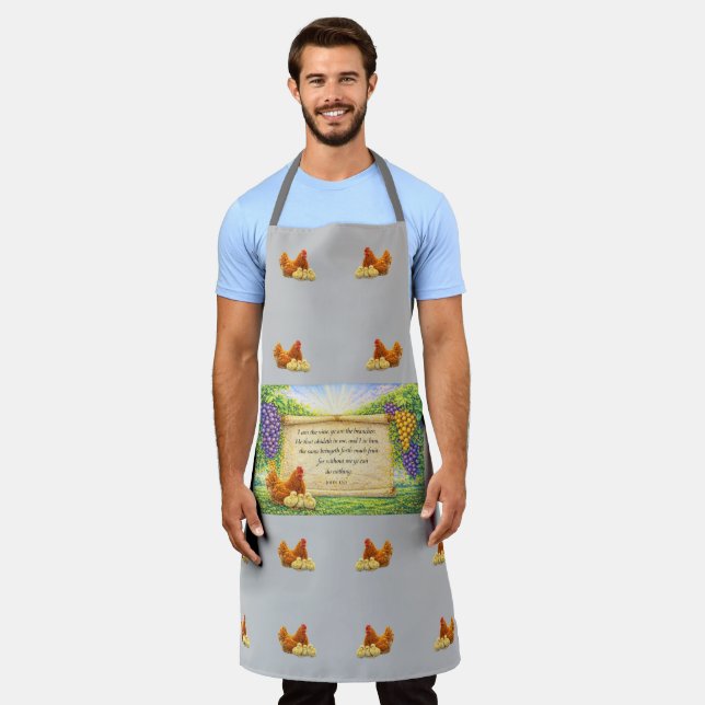 Grey All-Over Apron with Chickens & Bible Verse (Worn)