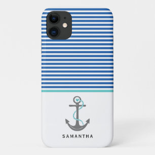 Grey anchor and blue, white stripes aqua nautical iPhone 11 case