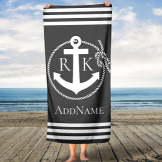 Grey Anchor Stripes Anchors Custom Bath Towel