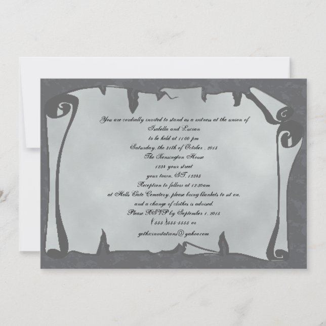 Grey Ancient Scroll Goth Wedding Invitations (Front)