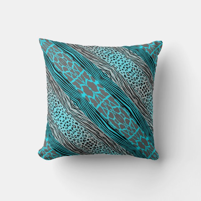 Grey And Aqua Animal Printed Zebra Stripe Pillow (Front)