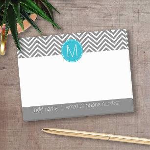 Grey and Aqua Blue Chevrons with One Monogram Post-it Notes