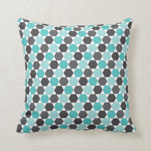 Grey and aqua blue geometric hexagon pattern cushion