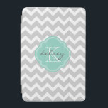 Grey and Aqua Chevron Custom Monogram iPad Mini Cover<br><div class="desc">Cute trendy chic iPad case features a preppy zigzag chevron pattern personalised with your monogram name and initial in a girly quatrefoil frame. Click Customise It to change text fonts and colours to create your own unique one of a kind design.</div>