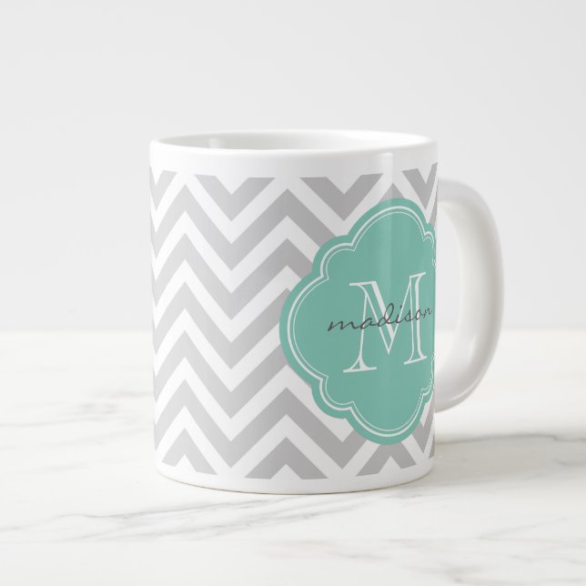 Grey and Aqua Chevron Custom Monogram Large Coffee Mug (Front Right)