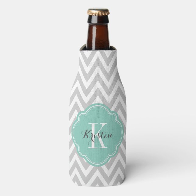 Grey and Aqua Chevron Monogram Bottle Cooler (Bottle Front)