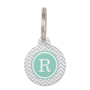 Grey and Aqua Chevron Monogram Pet Tag