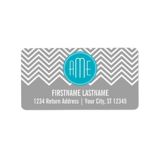 Grey and Aqua Chevron Pattern with Modern Monogram Address Label