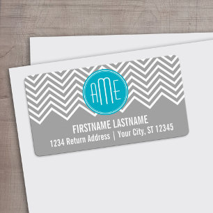 Grey and Aqua Chevron Pattern with Modern Monogram Label