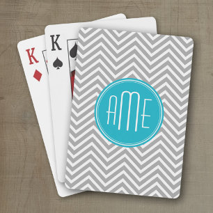 Grey and Aqua Chevron Pattern with Modern Monogram Playing Cards