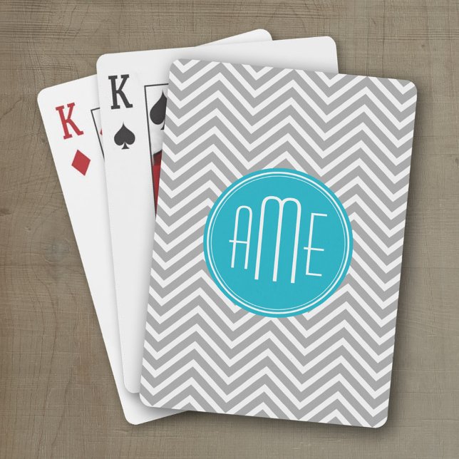 Grey and Aqua Chevron Pattern with Modern Monogram Playing Cards (Personalized playing cards with a fun area to add text such as a name or monogram)