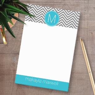 Grey and Aqua Chevrons with Custom Monogram Post-it Notes