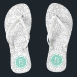 Grey and Aqua Floral Damask Monogram Flip Flops<br><div class="desc">Custom printed flip flop sandals with a stylish elegant floral damask pattern and your custom monogram or other text in a circle frame. Click Customise It to change text fonts and colours or add your own images to create a unique one of a kind design!</div>
