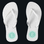 Grey and Aqua Greek Key Monogram Flip Flops<br><div class="desc">Custom printed flip flop sandals with a stylish modern Greek key pattern and your custom monogram or other text in a circle frame. Click Customise It to change text fonts and colours or add your own images to create a unique one of a kind design!</div>