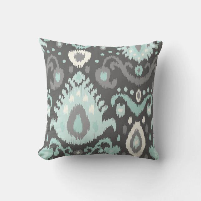 Grey and Aqua Ikat Print Cushion (Front)