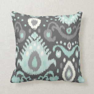 Grey and Aqua Ikat Print Cushion