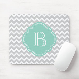 Grey and Aqua Modern Chevron Custom Monogram Mouse Mat