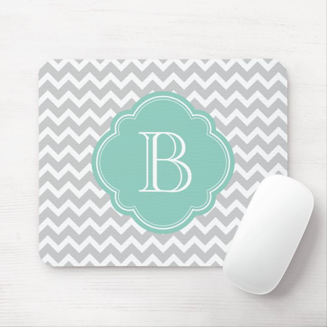 Grey and Aqua Modern Chevron Custom Monogram Mouse Mat (With Mouse)