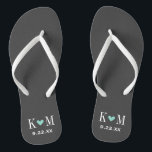 Grey and Aqua Modern Wedding Monogram Flip Flops<br><div class="desc">Custom printed flip flop sandals personalised with a cute heart and your monogram initials and wedding date. Click Customise It to change text fonts and colours or add your own images to create a unique one of a kind design!</div>