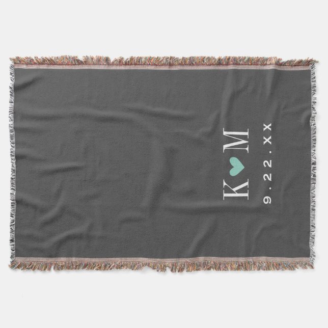 Grey and Aqua Modern Wedding Monogram Throw Blanket (Front)