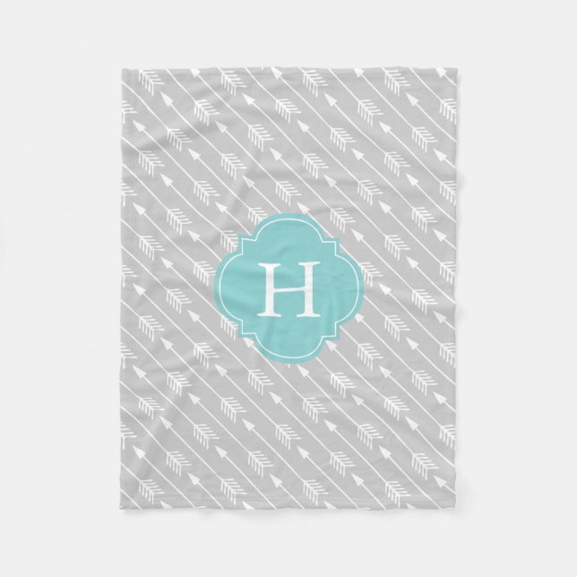 Grey and Aqua Monogrammed Arrows Pattern Fleece Blanket (Front)