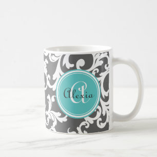 Grey and Aqua Monogrammed Damask Print Coffee Mug