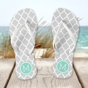 Grey and Aqua Moroccan Quatrefoil Monogram Flip Flops