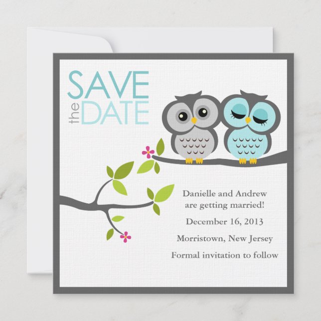 Grey and Aqua Owls Wedding Save the Date Invitation (Front)